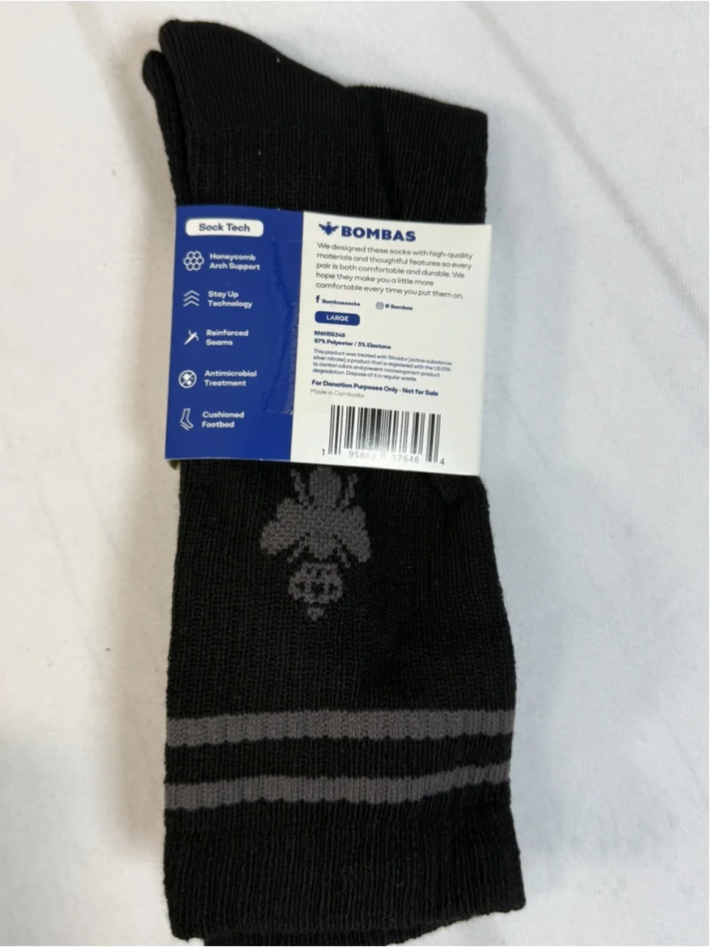 1 Pk Bombas Antimicrobial Black Calf Crew Sock Unisex Large Adult Honeycomb